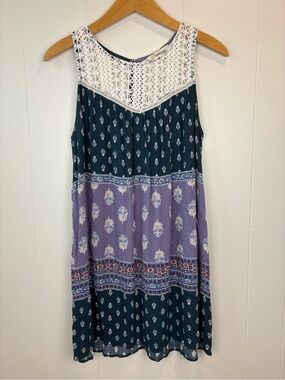 Boho Paisley Floral Mini Dress w Crotchet Top size Large